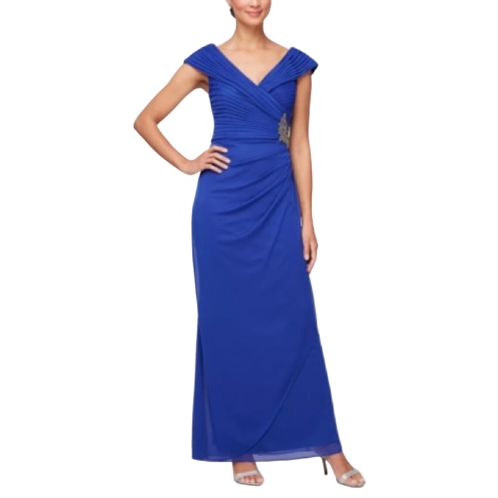 Alex Evenings L116617 Blue Long Surplice Embellished Pleated Cocktail Dress - 12